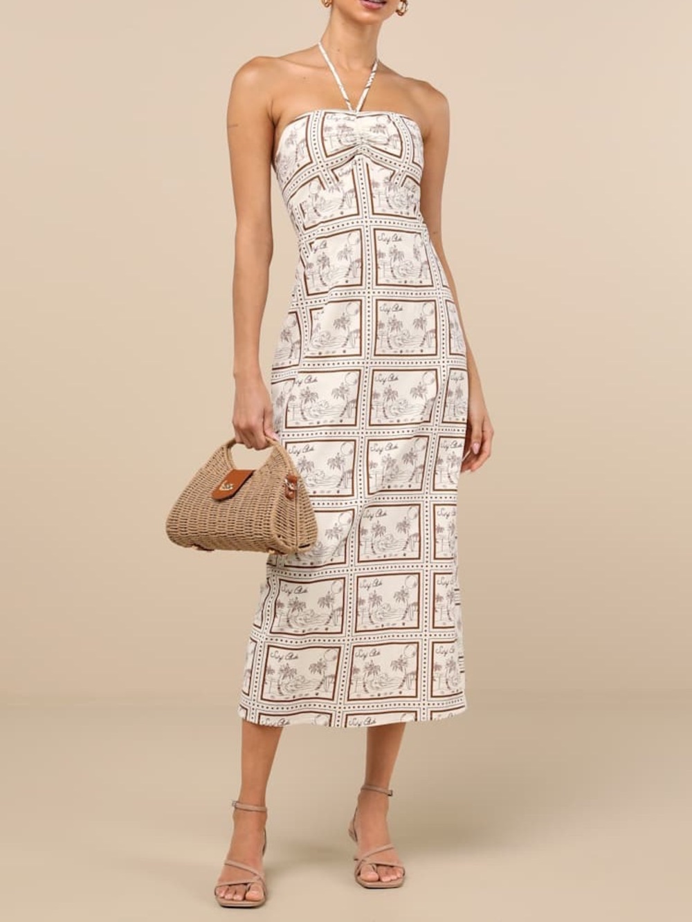 Lulus Asiya Beige Stamp Print Halter Midi Dress Size L NWT